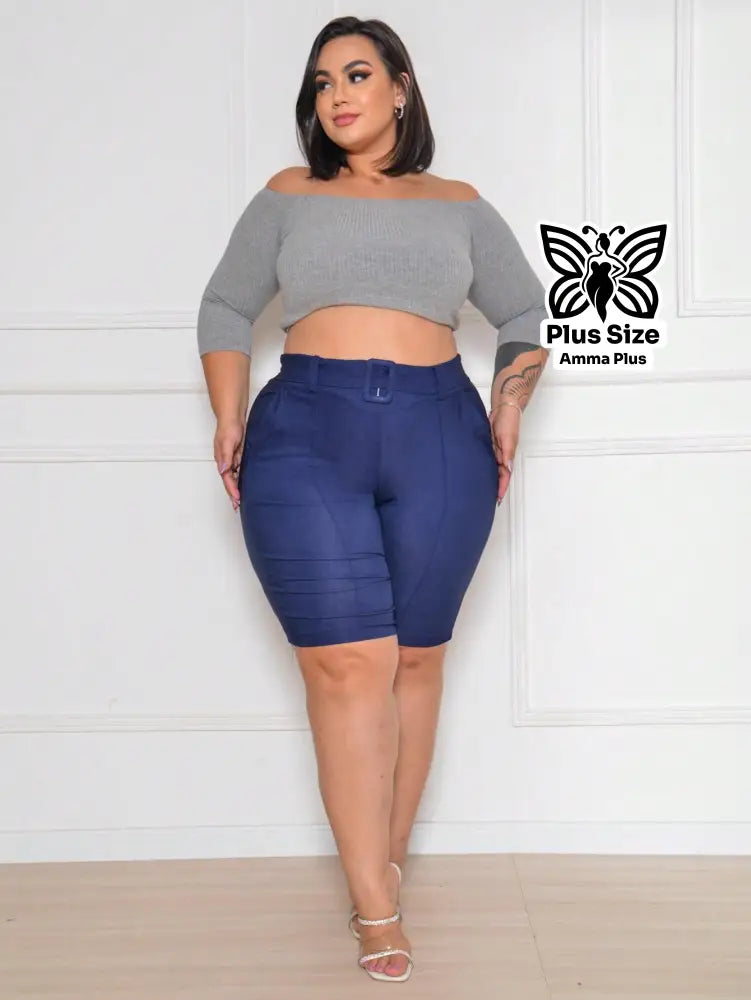 Bermuda Alfaiataria Com Cinto Fivela E Elastano Plus Size - Amma Plus