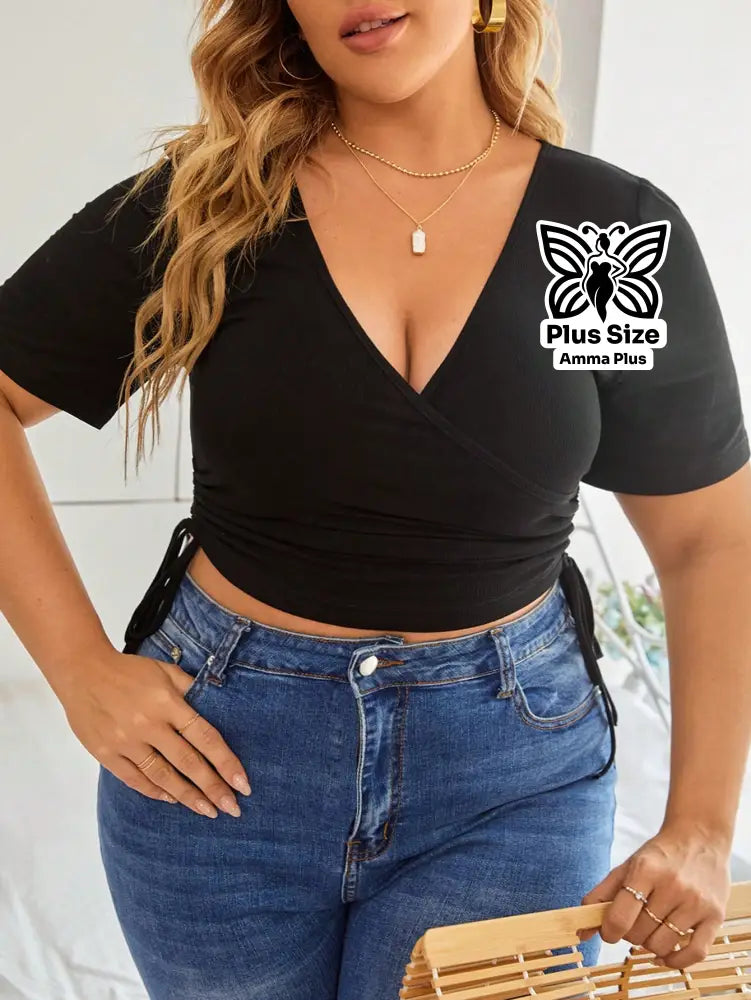 Blusa Canelada Transpassada Com Amarração Plus Size - Amma Plus
