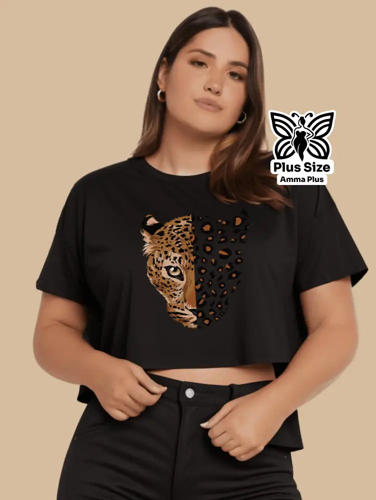 Blusa Cropped Estampada Onça Selvagem Plus Size - Amma Plus