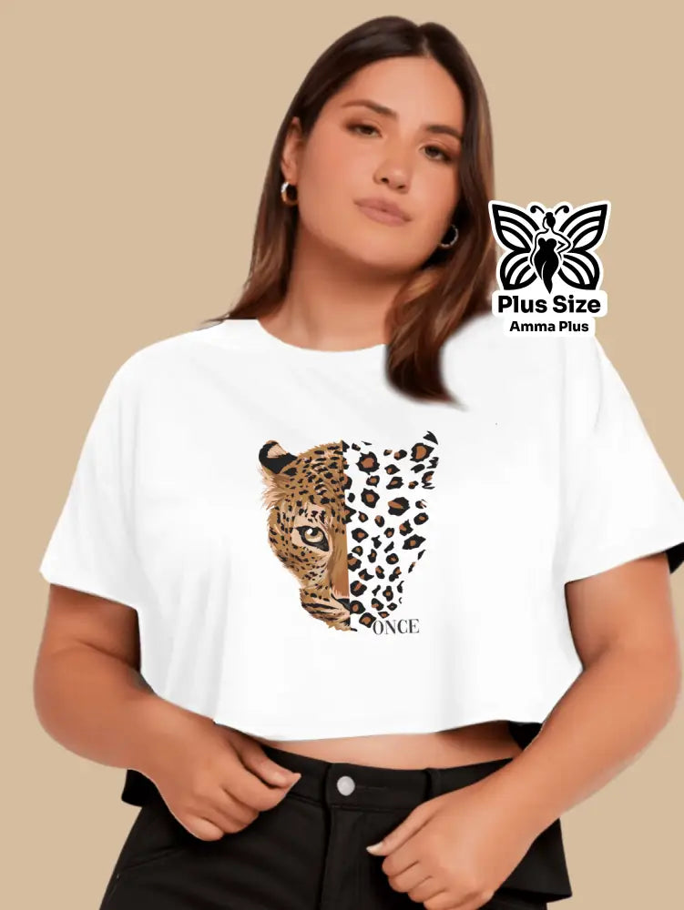 Blusa Cropped Estampada Onça Selvagem Plus Size - Amma Plus
