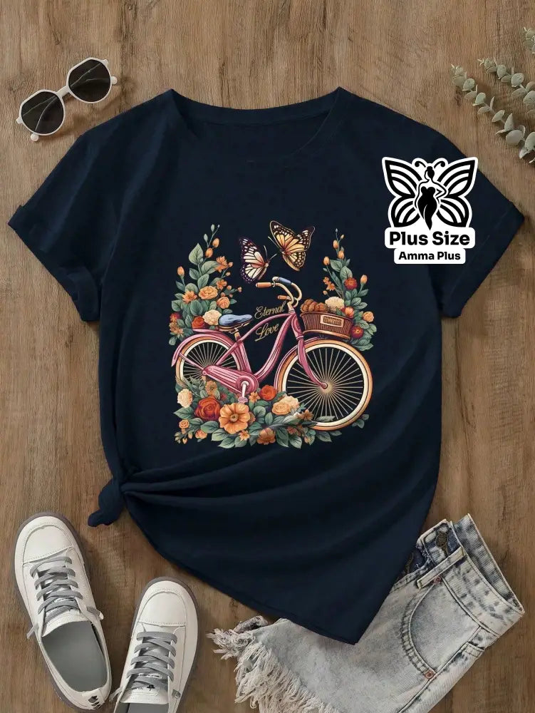Blusa Estampada Bicicleta Borboletas Florais Plus Size - Amma Plus