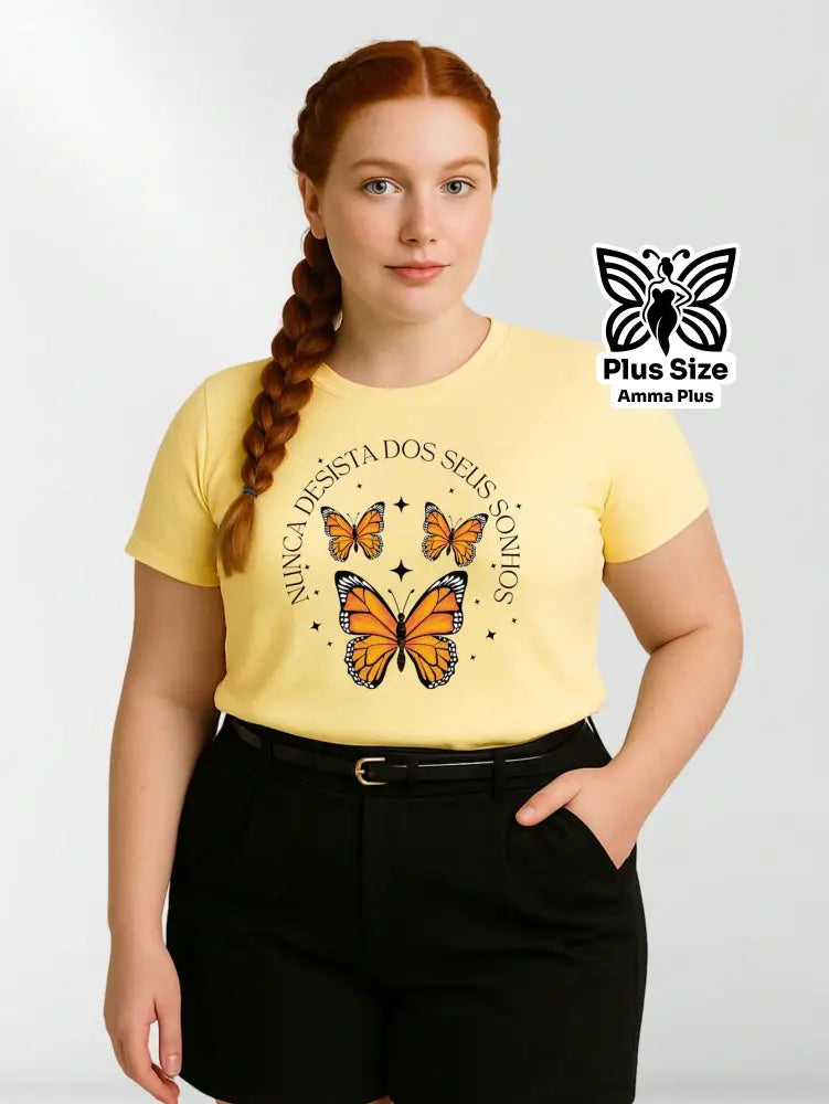 Blusa Estampada Borboletas Frase Motivacional Plus Size - Amma Plus
