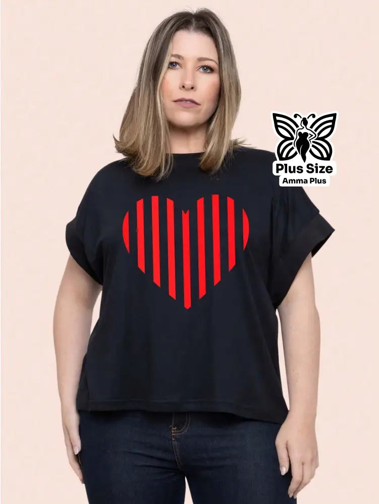 Blusa Estampada Coração Listrado Plus Size - Amma Plus