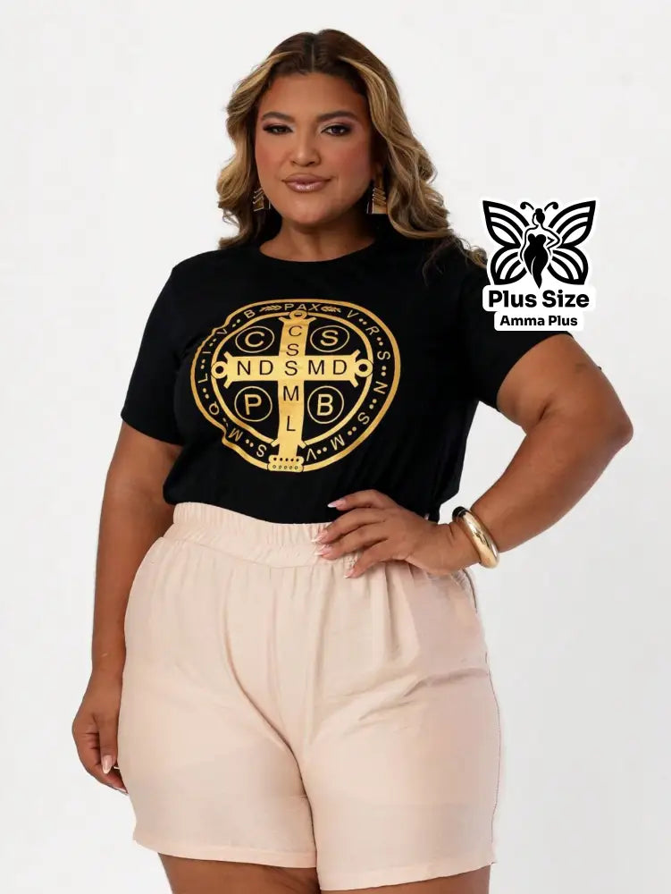 Blusa Estampada Cruz Medalha De São Bento Plus Size - Amma Plus