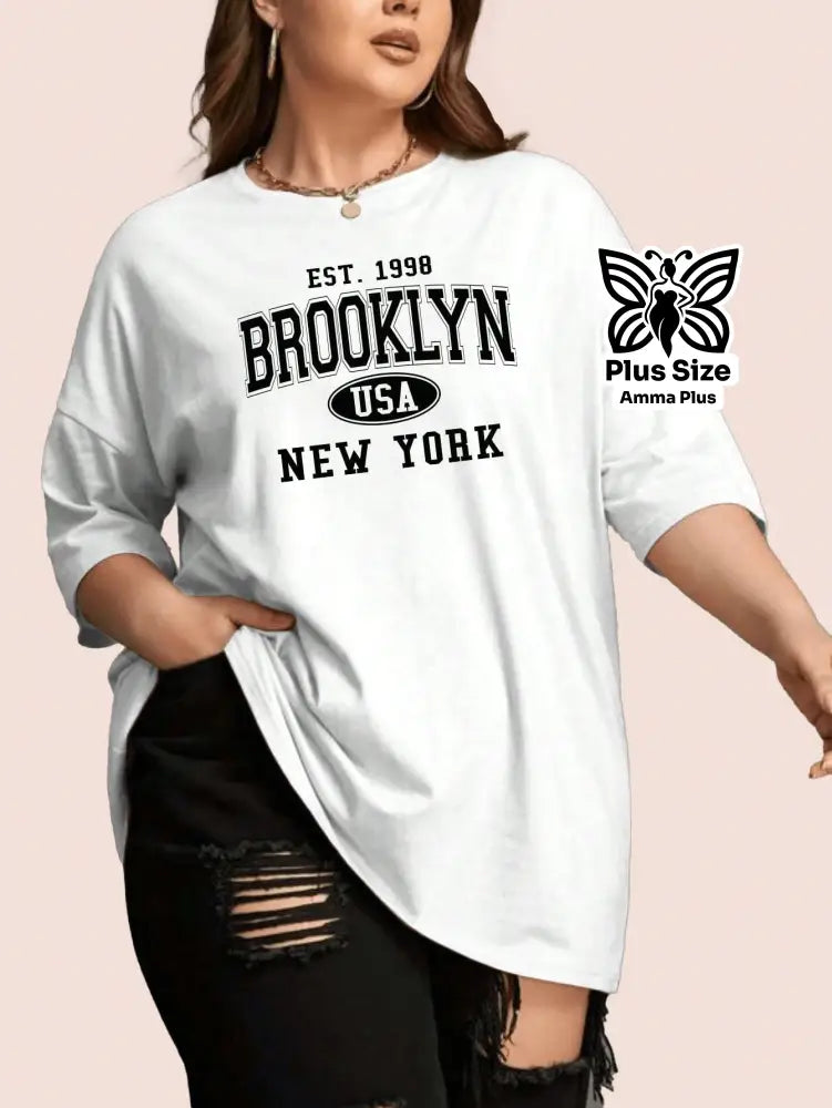 Blusa Oversized Estampada Brooklyn New York Plus Size - Amma Plus