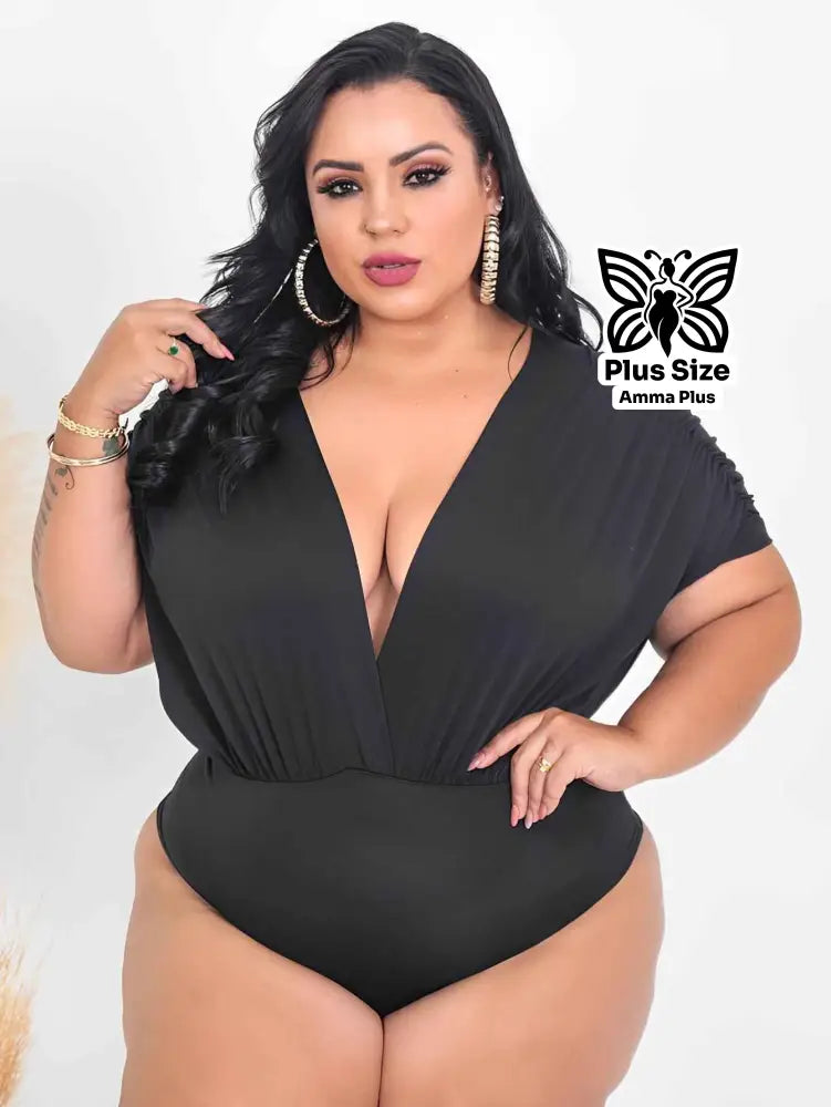 Body Decote Profundo Transpassado Manga Curta Elegante Plus Size