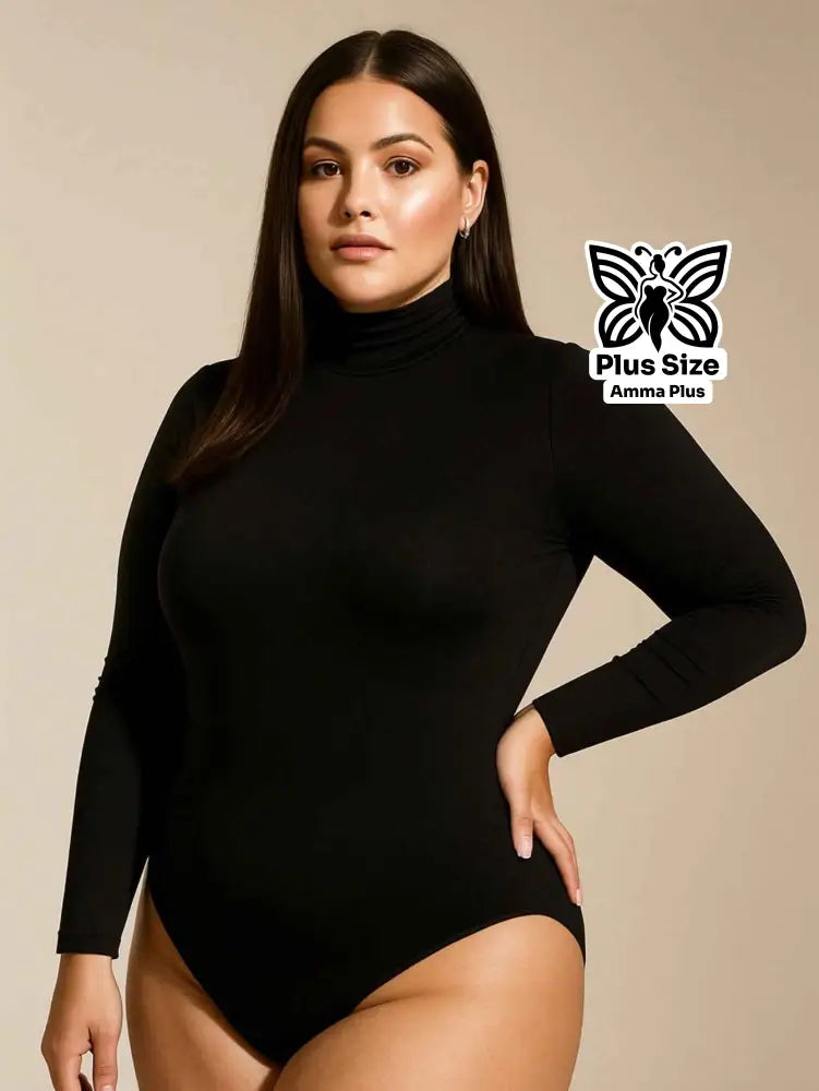 Body Manga Longa Gola Alta Segunda Pele Casual Elegante Plus Size