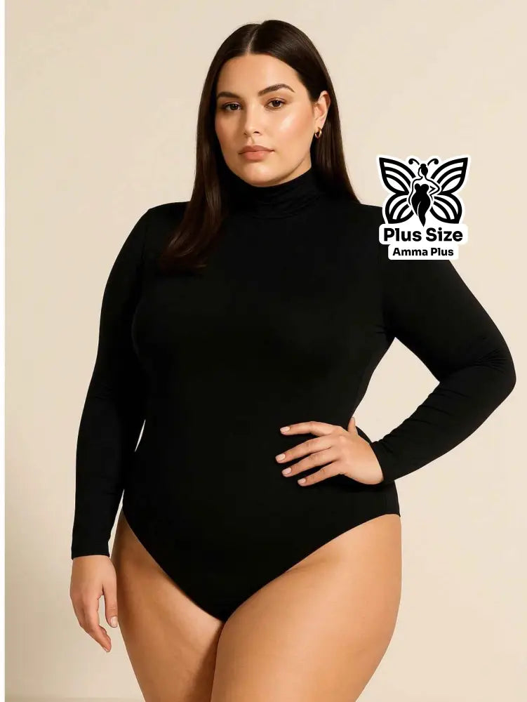 Body Manga Longa Gola Alta Segunda Pele Casual Elegante Plus Size