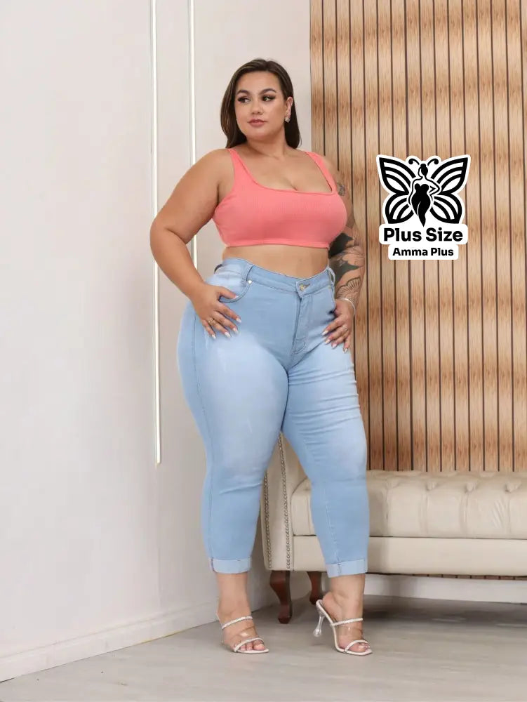 Calça Jeans Skinny Cintura Alta Com Elastano Plus Size - Amma Plus