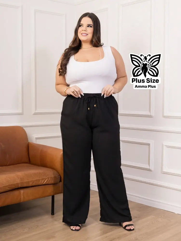 Calça Pantalona Cós Elástico Com Bolsos Confortável Plus Size - Amma Plus