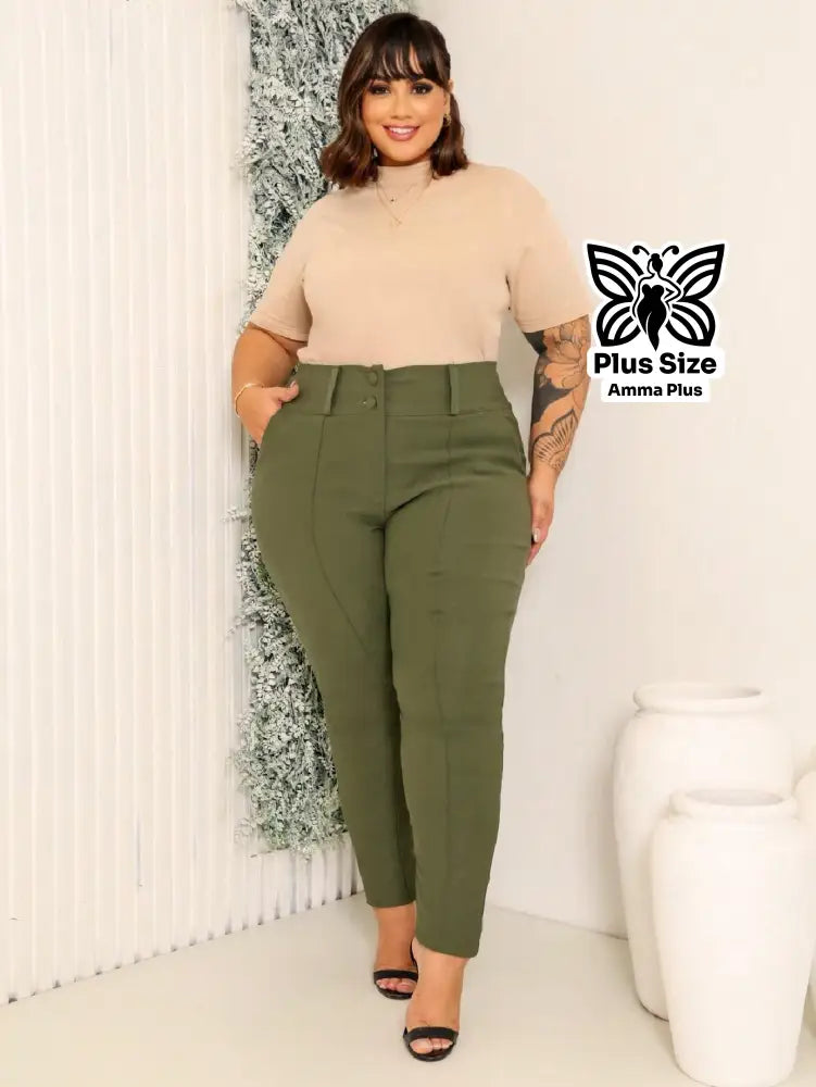 Calça Skinny Alfaiatada Com Botões E Bolsos Plus Size - Amma Plus
