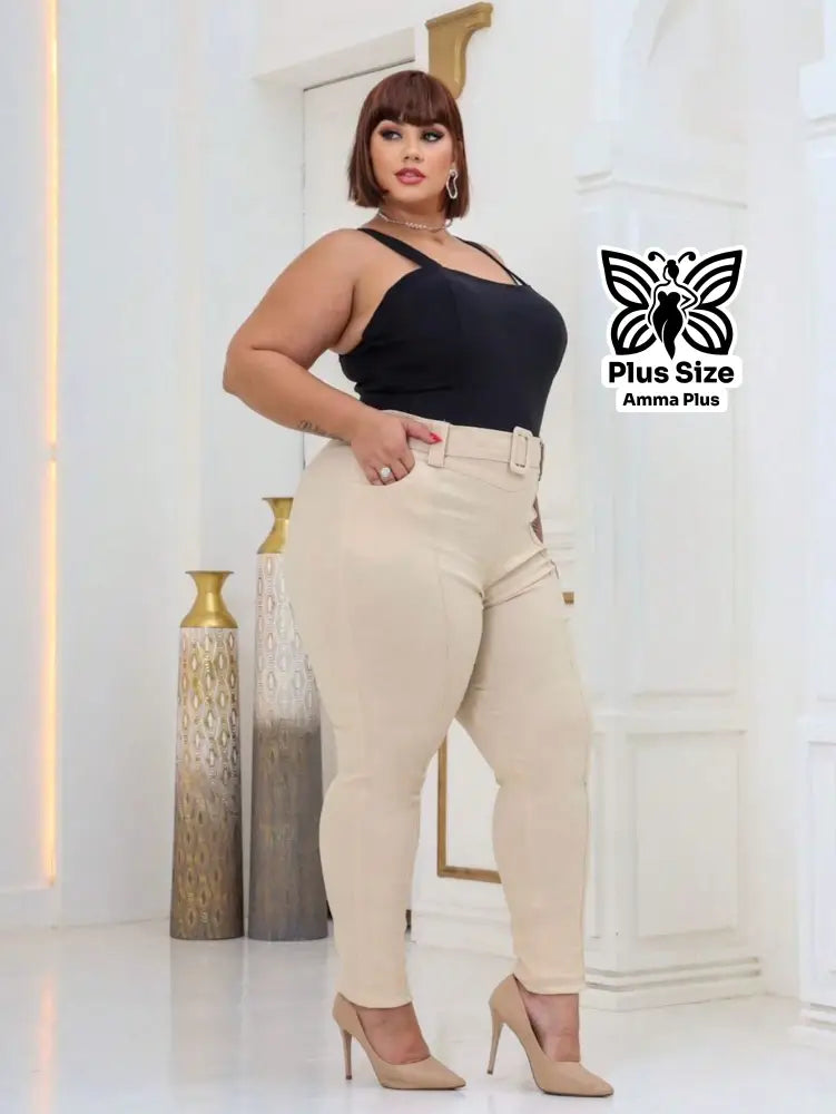 Calça Social Skinny Cintura Alta Com Cinto Elegante Plus Size - Amma Plus
