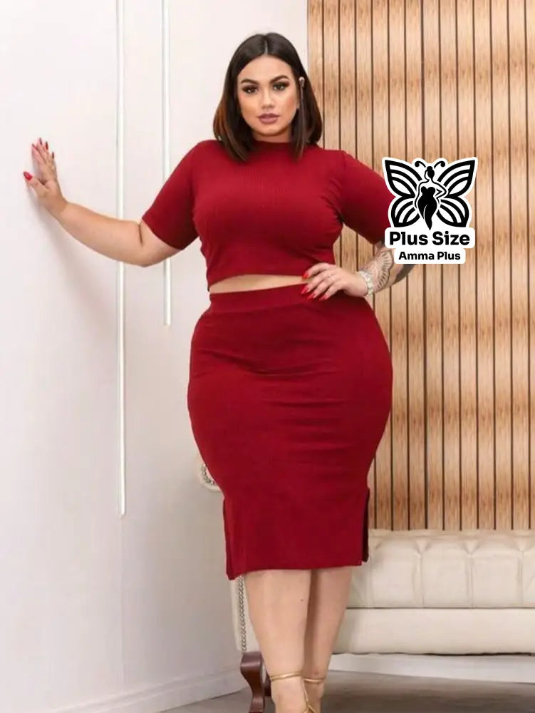 Conjunto Blusa Canelada Com Saia Justa Plus Size - Amma Plus