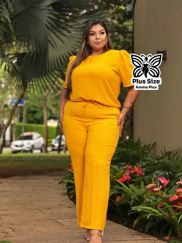Conjunto Blusa Manga Curta Com Calça Reta Plus Size - Amma Plus