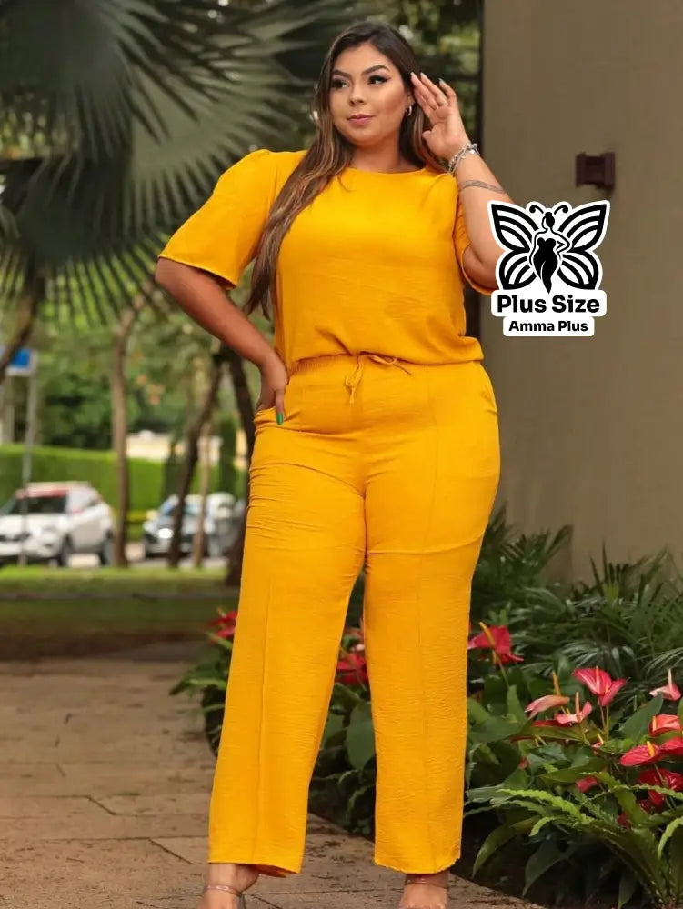Conjunto Blusa Manga Curta Com Calça Reta Plus Size - Amma Plus