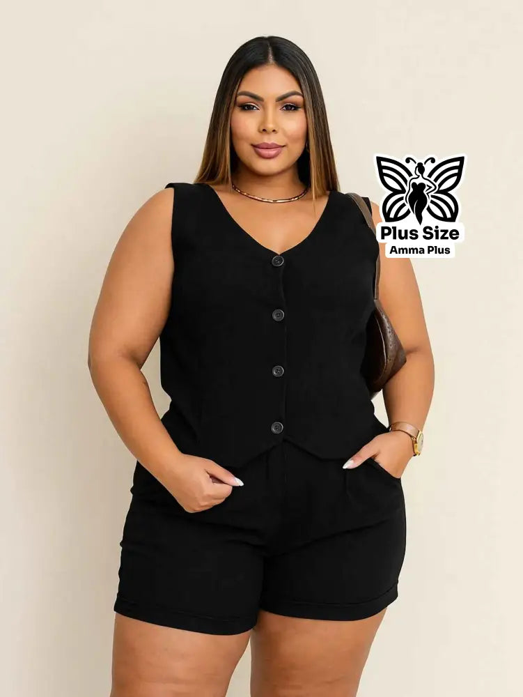 Conjunto Blusa Sem Manga Com Botões E Short Plus Size