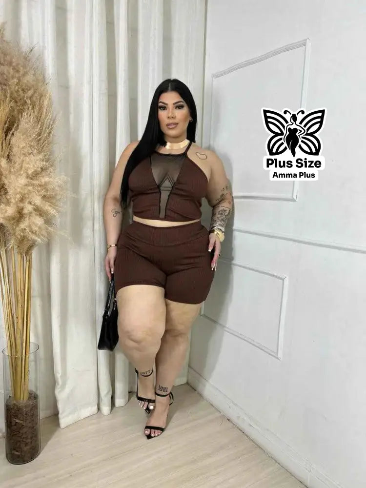 Conjunto Cropped Com Transparência E Short Plus Size
