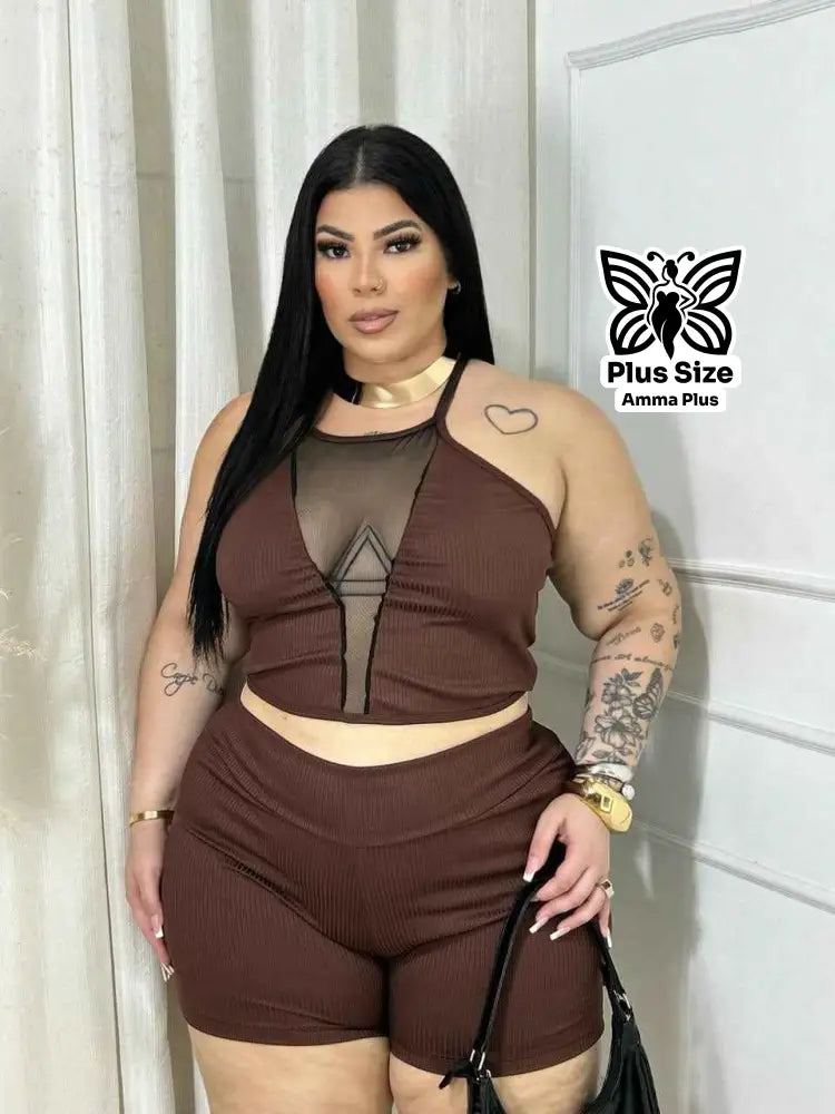 Conjunto Cropped Com Transparência E Short Plus Size
