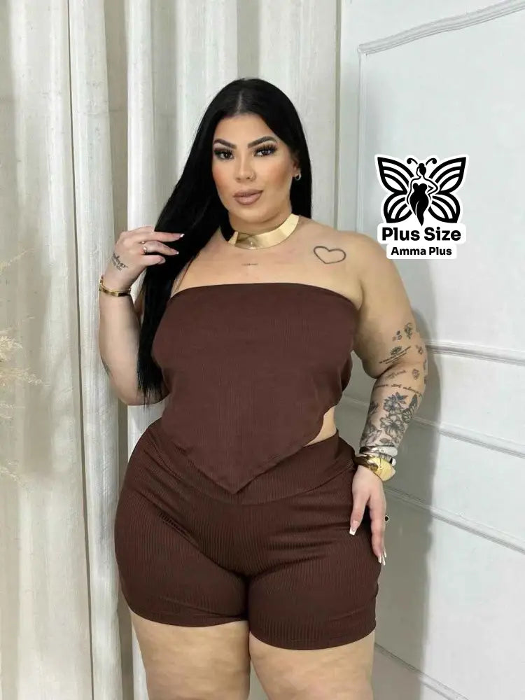 Conjunto Cropped Faixa Assimétrico E Short Plus Size