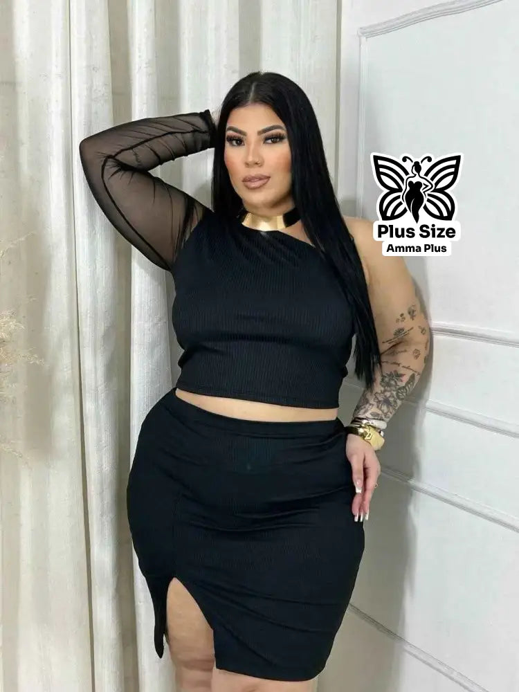 Conjunto Cropped Um Ombro Só Com Saia Fenda Plus Size