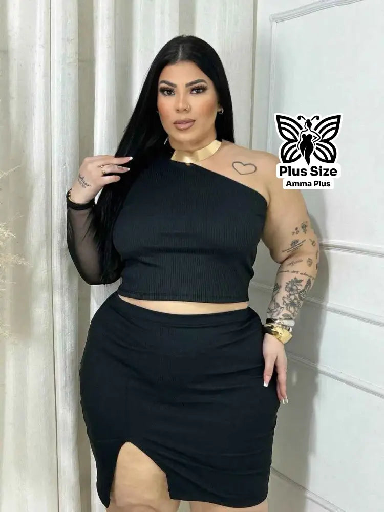 Conjunto Cropped Um Ombro Só Com Saia Fenda Plus Size