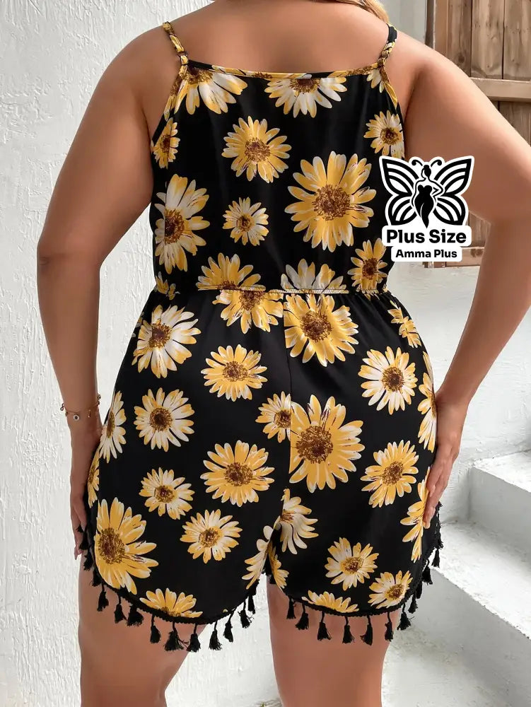 Macaquinho Estampado Floral Com Alças Finas E Franjas Plus Size - Amma Plus