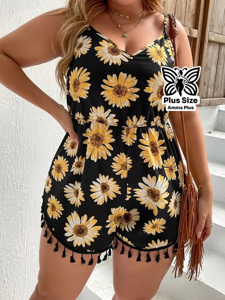 Macaquinho Estampado Floral Com Alças Finas E Franjas Plus Size - Amma Plus