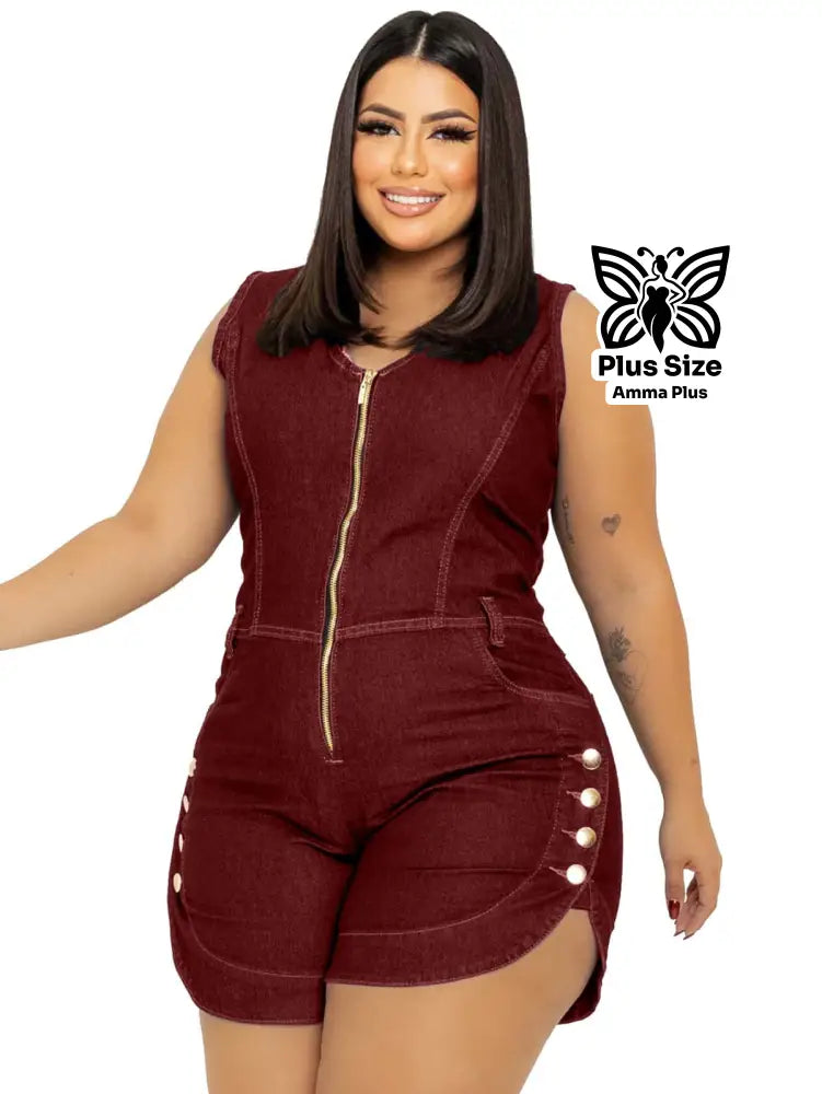Macaquinho Jeans Sem Manga Com Zíper E Botões Laterais Plus Size - Amma Plus