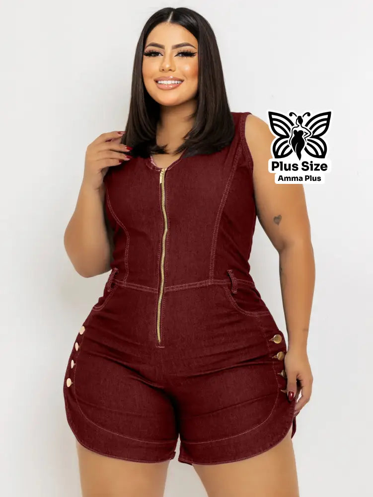 Macaquinho Jeans Sem Manga Com Zíper E Botões Laterais Plus Size - Amma Plus