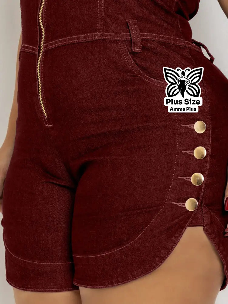 Macaquinho Jeans Sem Manga Com Zíper E Botões Laterais Plus Size - Amma Plus