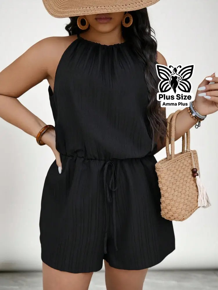 Macaquinho Regata Plissado Com Amarração Na Cintura Plus Size - Amma Plus