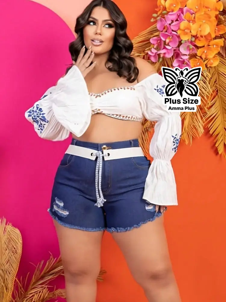 Short Jeans Barra Desfiada Com Cinto Branco Plus Size - Amma Plus