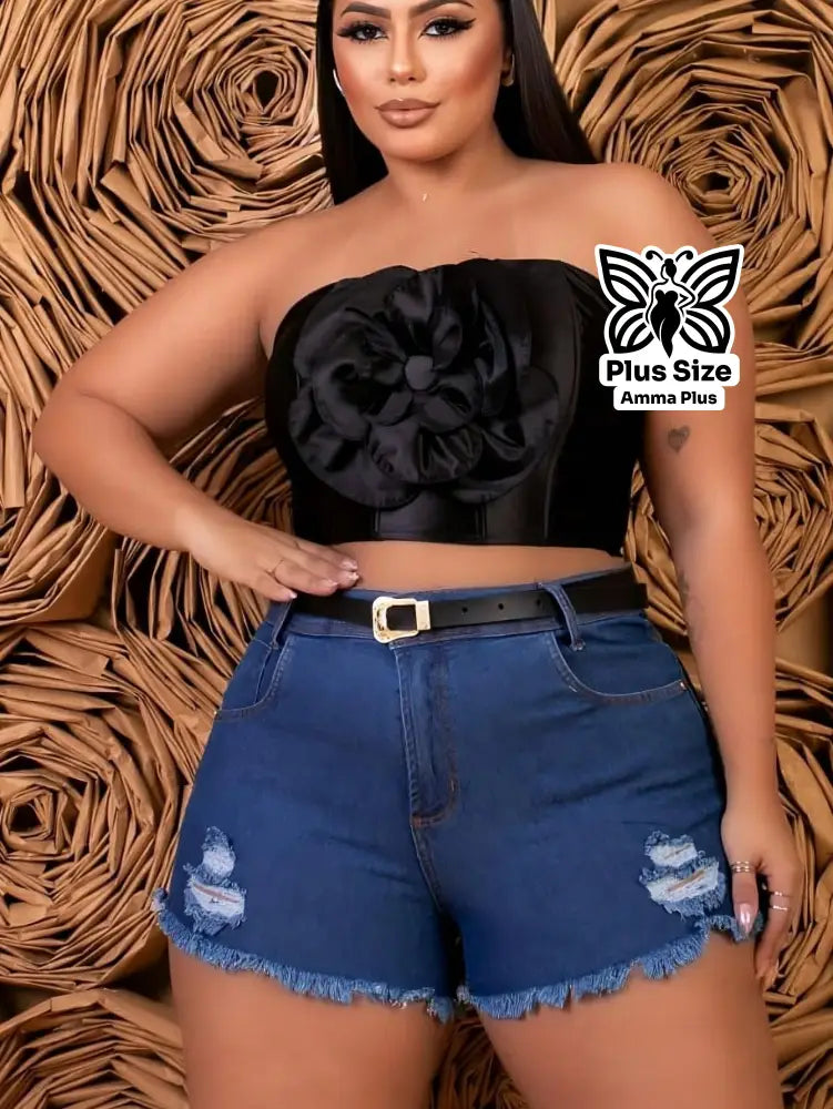 Short Jeans Barra Desfiada Com Cinto Preto Plus Size - Amma Plus