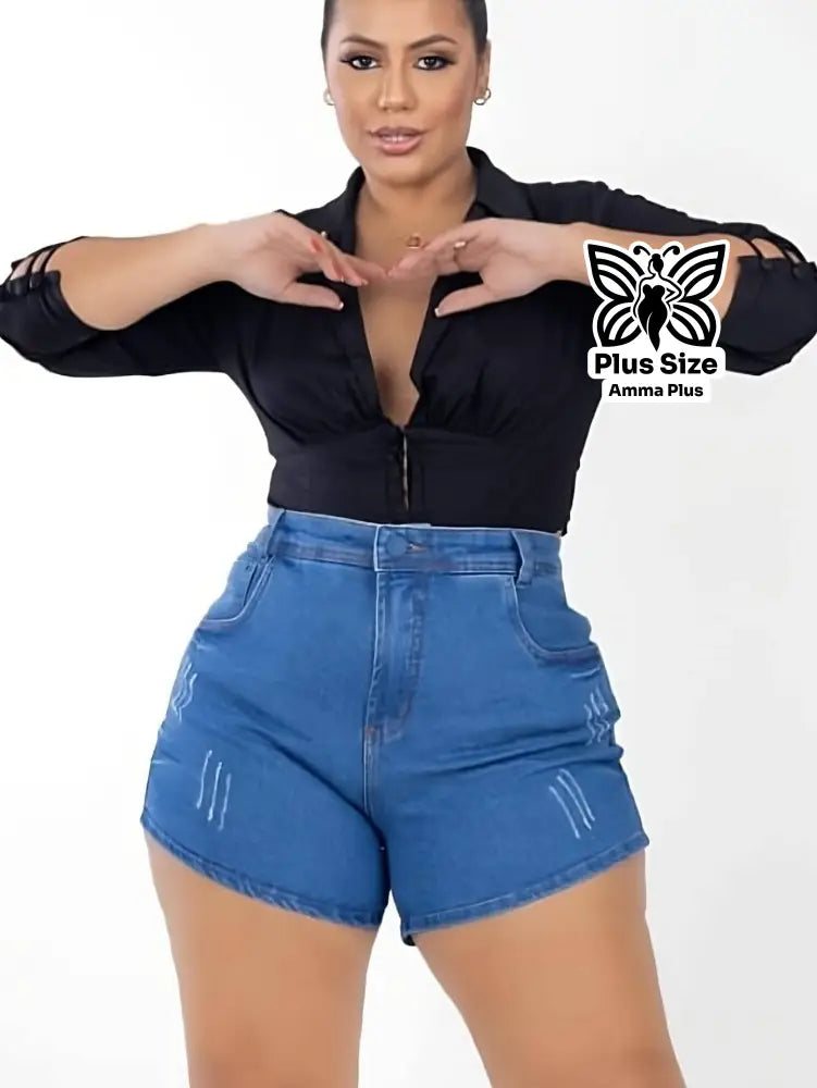 Short Jeans Cintura Alta Barra Dobrada Plus Size - Amma Plus