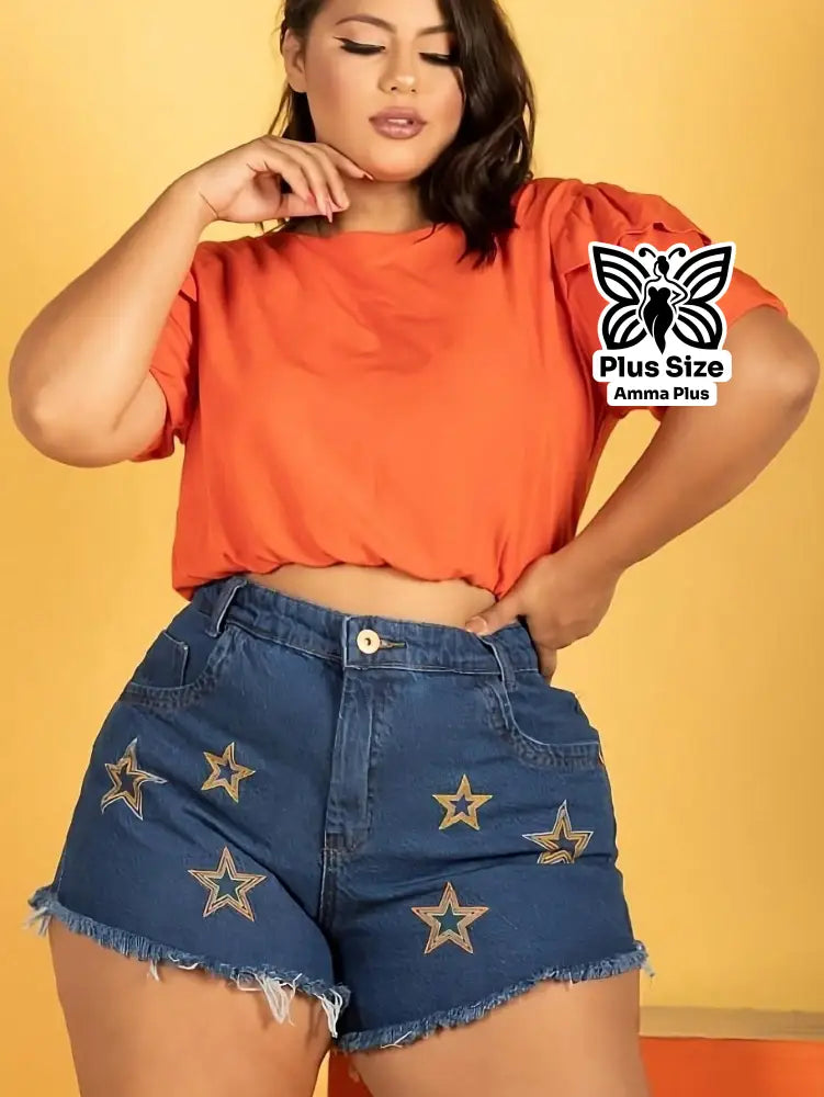 Short Jeans Cintura Alta Bordado Desfiado Plus Size - Amma Plus