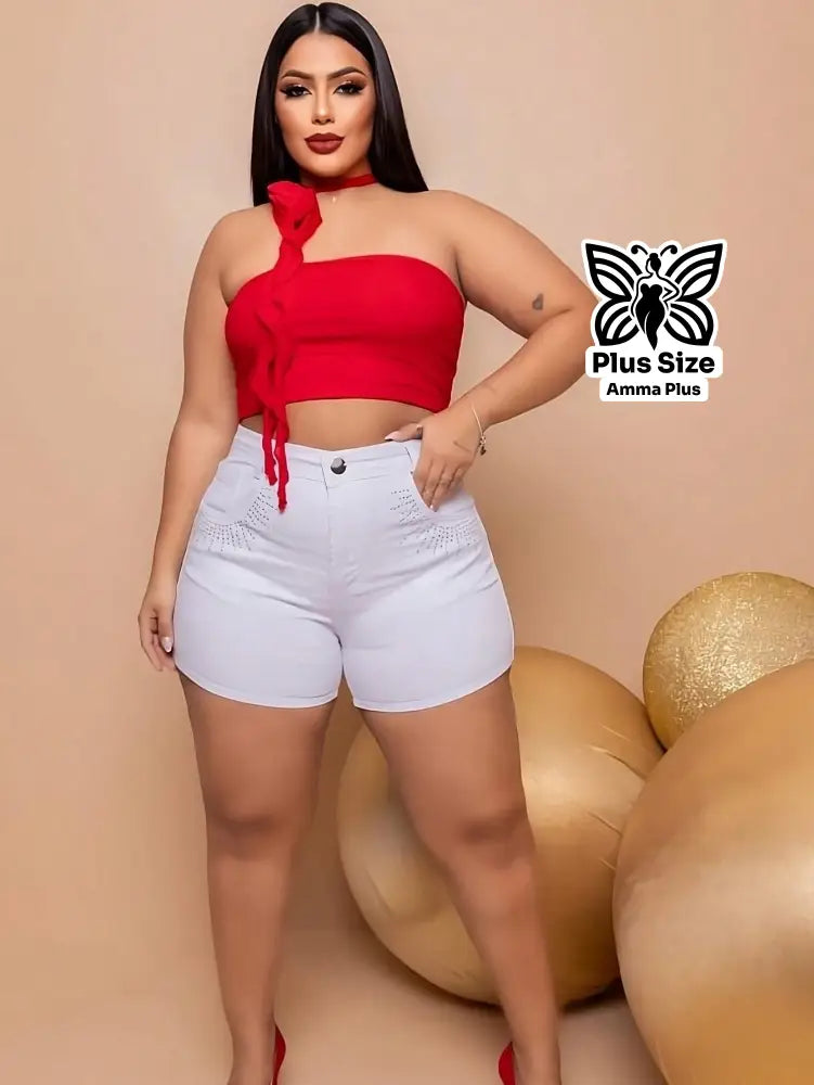 Short Jeans Cintura Alta Com Apliques Plus Size - Amma Plus