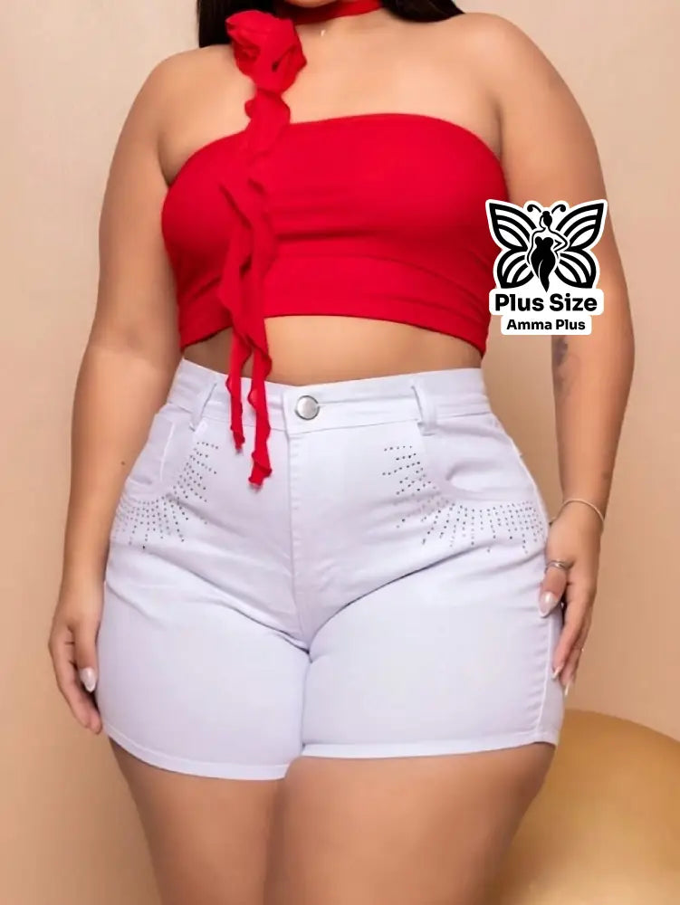 Short Jeans Cintura Alta Com Apliques Plus Size - Amma Plus