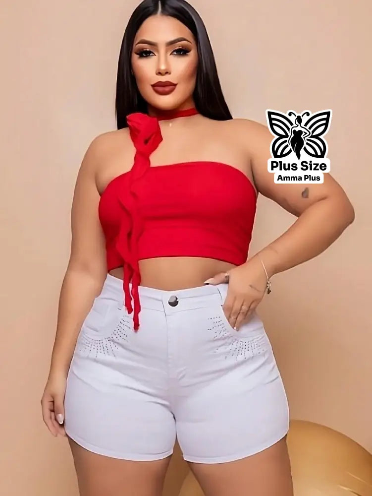 Short Jeans Cintura Alta Com Apliques Plus Size - Amma Plus