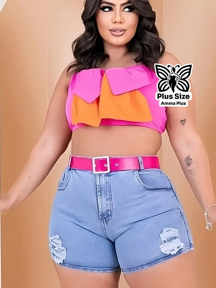 Short Jeans Cintura Alta Com Cinto Rosa Plus Size - Amma Plus