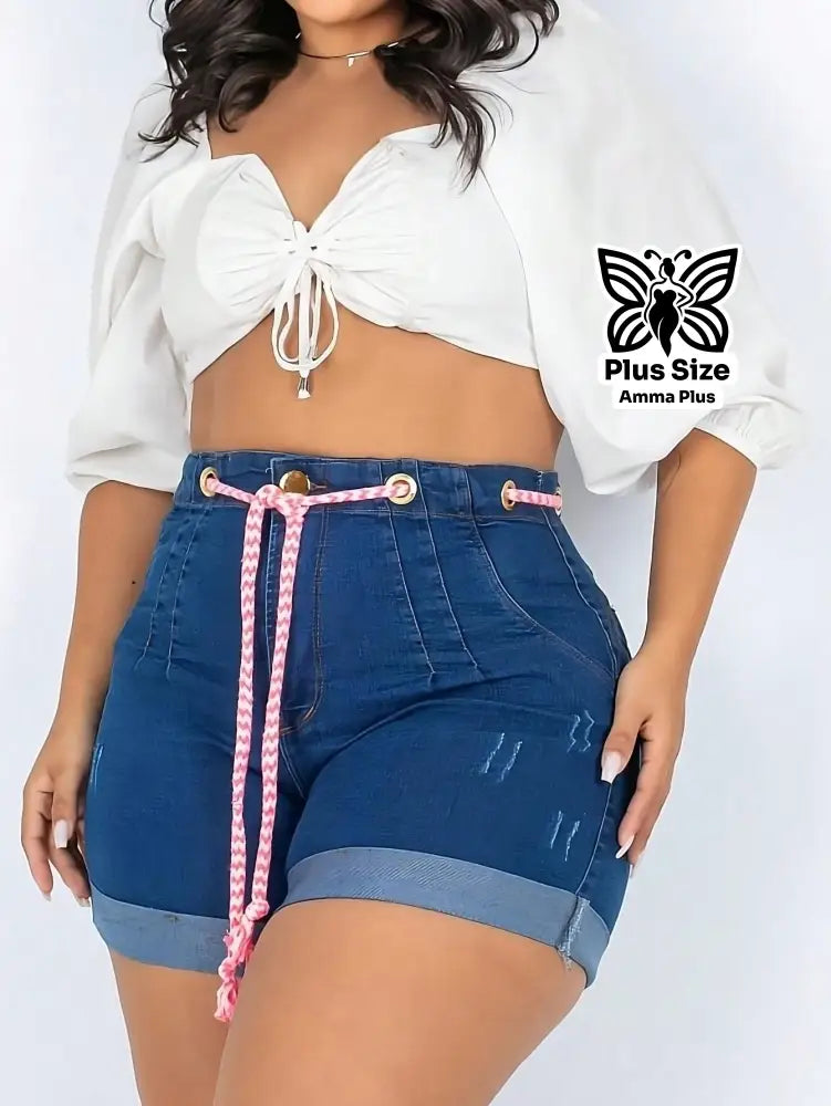 Short Jeans Cintura Alta Com Cordão Plus Size - Amma Plus