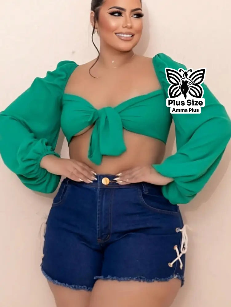 Short Jeans Cintura Alta Com Cordões Laterais Plus Size - Amma Plus