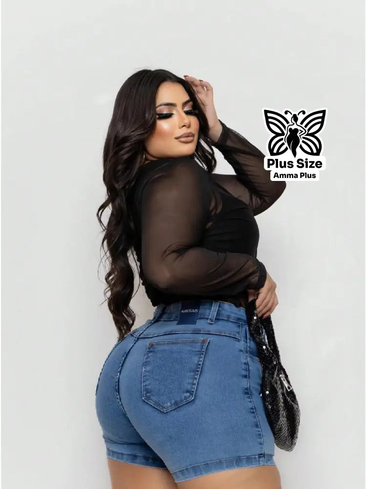 Short Jeans Cintura Alta Com Lycra Plus Size - Amma Plus