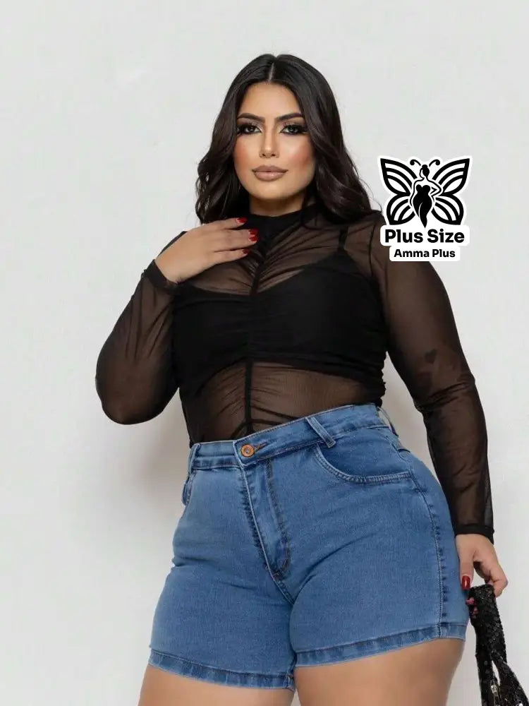 Short Jeans Cintura Alta Com Lycra Plus Size - Amma Plus