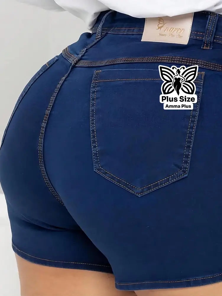 Short Jeans Com Florzinha Cintura Alta Bordado Floral Plus Size - Amma Plus