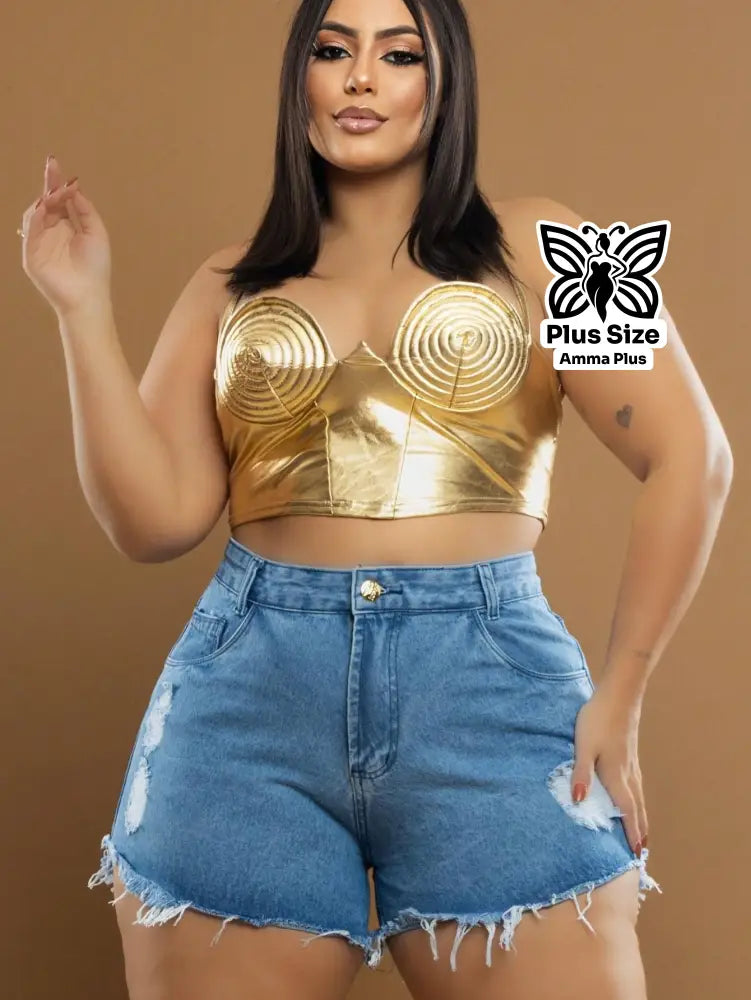 Short Jeans Destroyed Azul Claro Cintura Alta Barra Desfiada Plus Size - Amma Plus