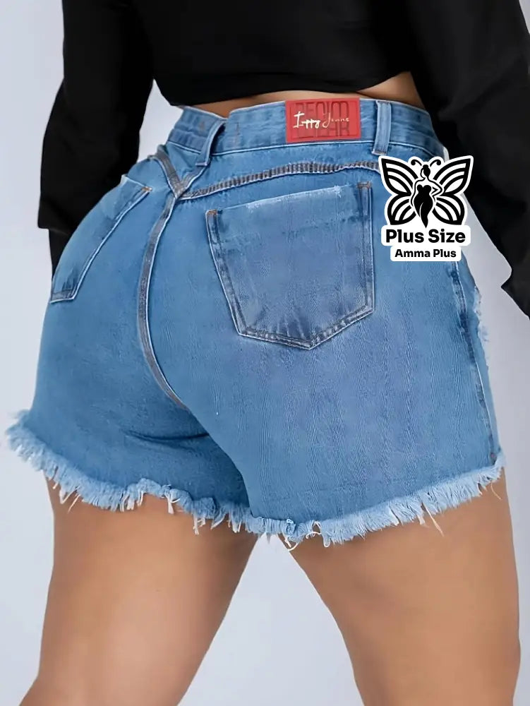 Short Jeans Destroyed Cintura Alta Barra Desfiada Plus Size - Amma Plus