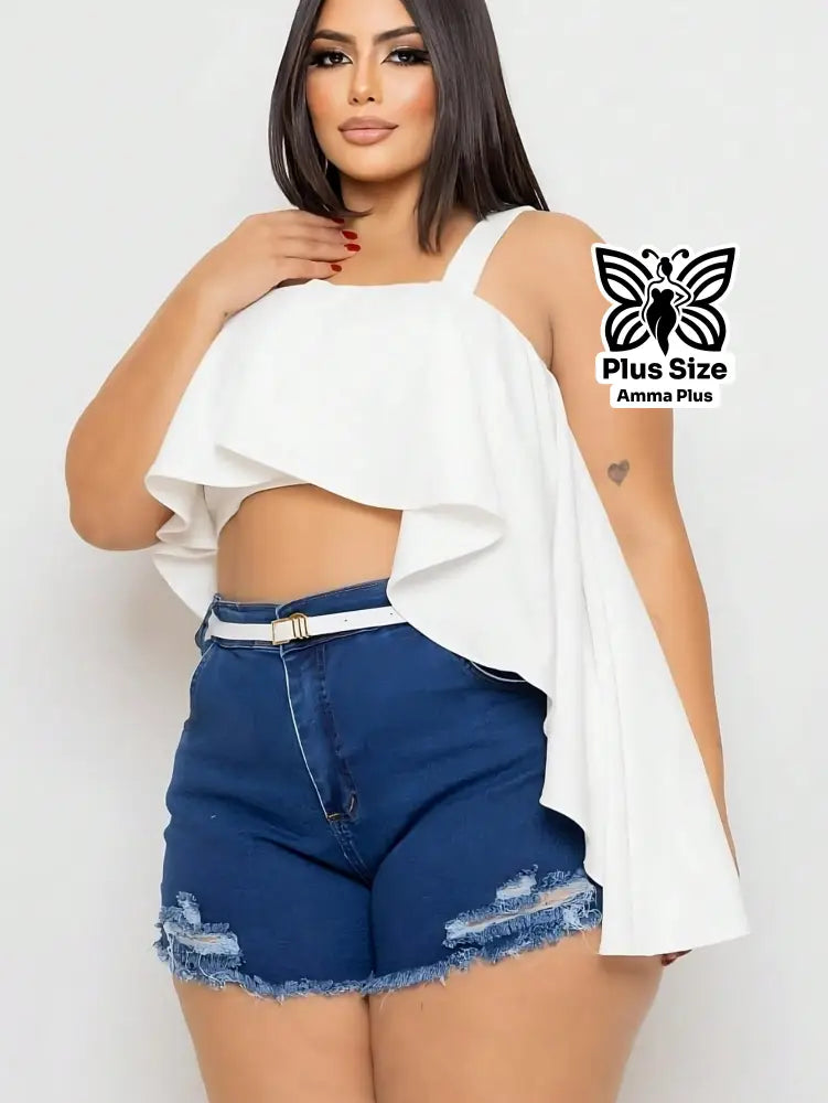 Short Jeans Plus Size Cintura Alta Desfiado Com Cinto - Amma Plus