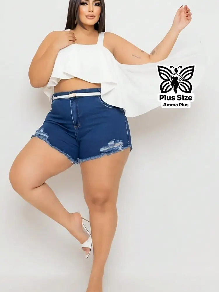 Short Jeans Plus Size Cintura Alta Desfiado Com Cinto - Amma Plus