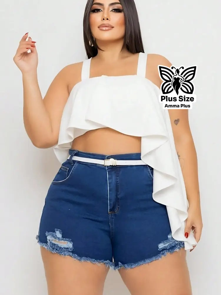 Short Jeans Plus Size Cintura Alta Desfiado Com Cinto - Amma Plus