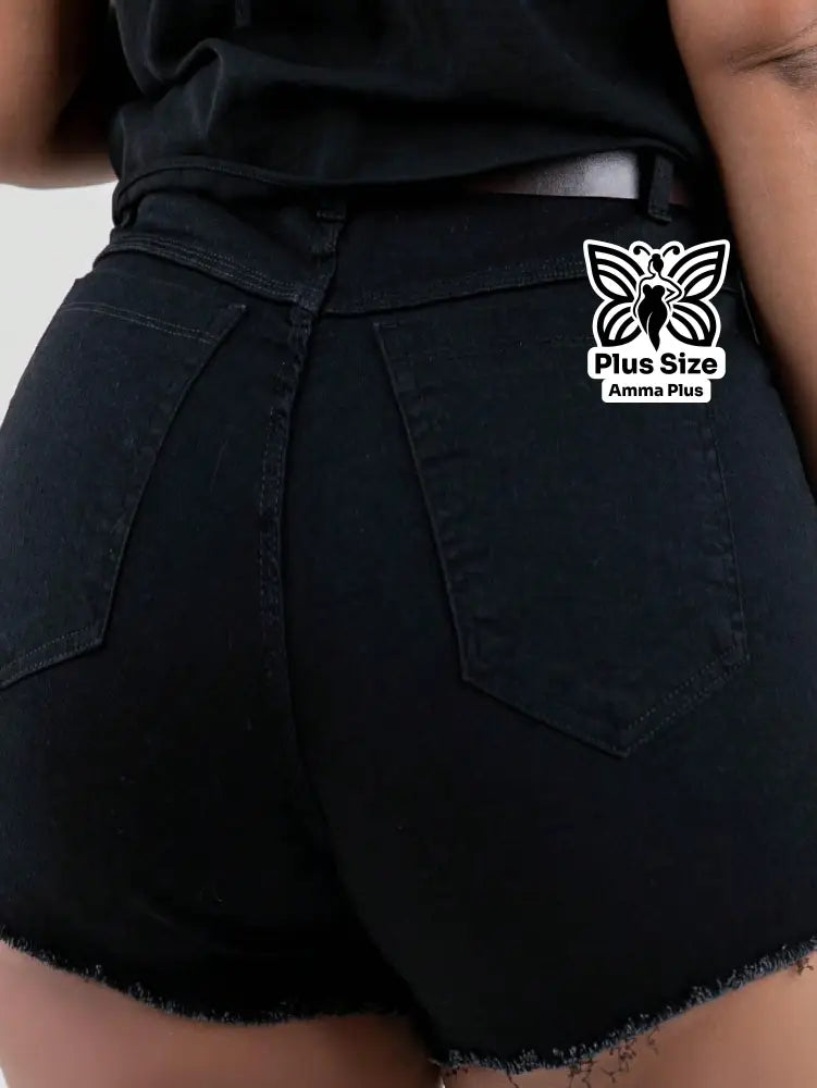 Short Jeans Preto Com Cintura Alta Com Cinto Plus Size - Amma Plus
